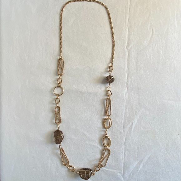 Mixed Chain Opera Length Necklace Wired Brown Lucite Stones - Picture 3 of 12